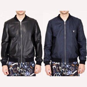 Prada Black Reversible Leather and Nylon Bomber Jacket